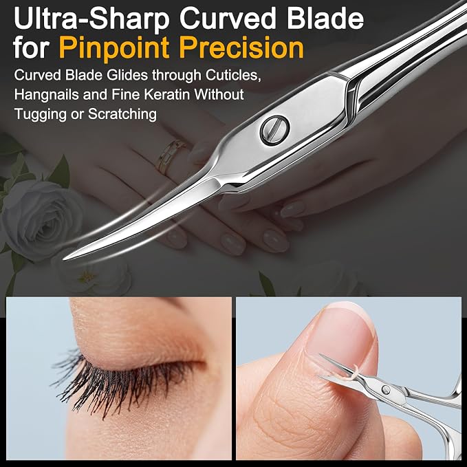 Curved Cuticle Scissors, Extra Fine Tip, Manicure Pedicure | Fine curved tip for manicure, pedicure and eyebrow trimming. For women and men. Compact grooming tool for precise nail care.