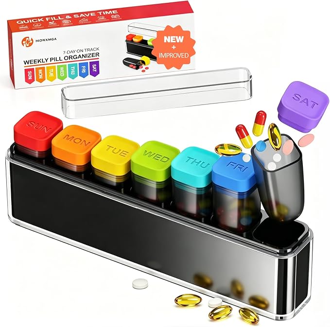 HIONXMGA Weekly Pill Organizer, Detachable 7-Color Pill Box, Easy Tracking | Portable Travel Pill Case Container for Daily Vitamin Supplement Fish Oil, Silicone-Seal, Lasting Labels, Quick Fill (Clear)