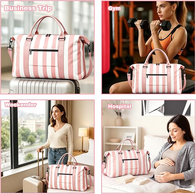 Travel Duffle Bag for Women, Carry On Weekender Tote with Trolley Sleeve | Waterproof overnight bag for gym, sports, hospital stays, labor and delivery; spacious carry-on design for short trips.