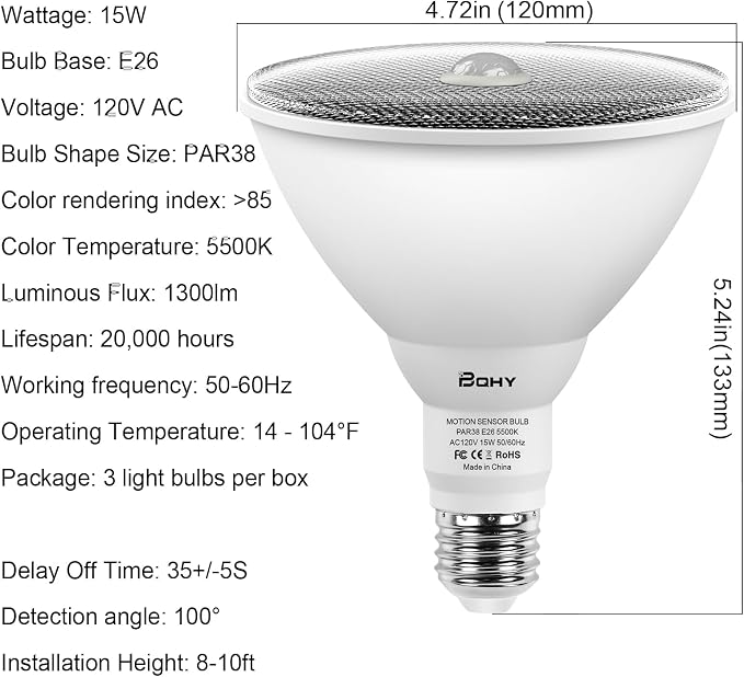 Motion Sensor Light Bulbs, 5500K Daylight Motion Activated Dusk to Dawn Security Light Bulb, 15W(100W Equivalent) E26 PAR38 Security LED Bulb Outdoor/Indoor, 3 Pack
