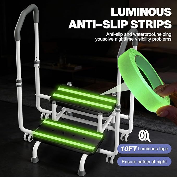 2 Step Stool with Adjustable Dual Handrail & 4 Lockable Wheels for Elderly - Bed Steps for High Beds for Adults, 4.3 in Widened Spacing, for Bedside Step Stool, Kitchen, RV, Bathtub