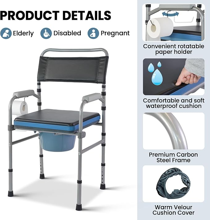 Folding Bedside Commode, Height Adjustable Toliet Chair for Seniors with Padded Seat and Arms, Portable Potty Shower Chair for Elderly Handicap Adult