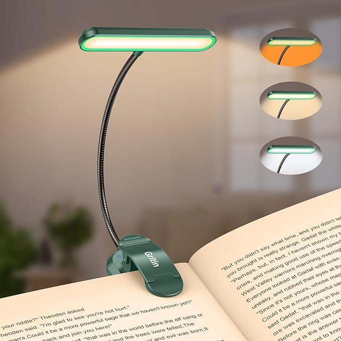 Gritin Rechargeable Book Light for Reading in Bed with 19 LED | Eye Caring 3 Color Temps, 5 Brightness Levels, Memory Function, 90 Hrs Runtime Flexible Goose Neck Clip on Light-Dark Green