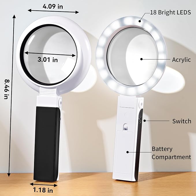 JARLINK Magnifying Glass with Light and Stand, 3 Modes Foldable Magnifier | 3-Mode Illuminated Handheld or Foldable Stand Magnifier. Ideal for Seniors Reading, Close Work, Jewelry, and Coins