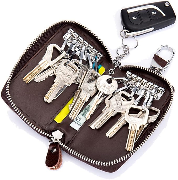 Large Leather Key Case Wallet with 12 Hooks & 1 Keychain/Ring for Men or Women