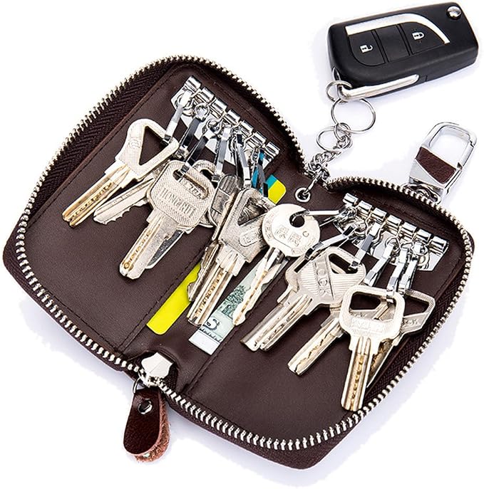Large Leather Key Case Wallet with 12 Hooks & 1 Keychain/Ring for Men or Women