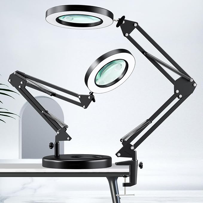 HITTI 30X & 10X Magnifying Glass with Light, 1800 Lumens Stepless Dimmable, 3 Color Modes, 4.2″ Real Glass Lens LED Desk Lamp with Clamp, Magnifier Light and Stand for Craft Reading Jewelry-Black