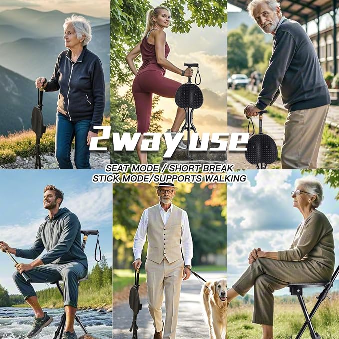 Anti-Slip Walking Cane with Seat Folding Lightweight,Walking Stick Height Adjustment,Portable and Sturdy Cane Chair for Travel Outdoor Use, Queuing, Elderly Women and Men