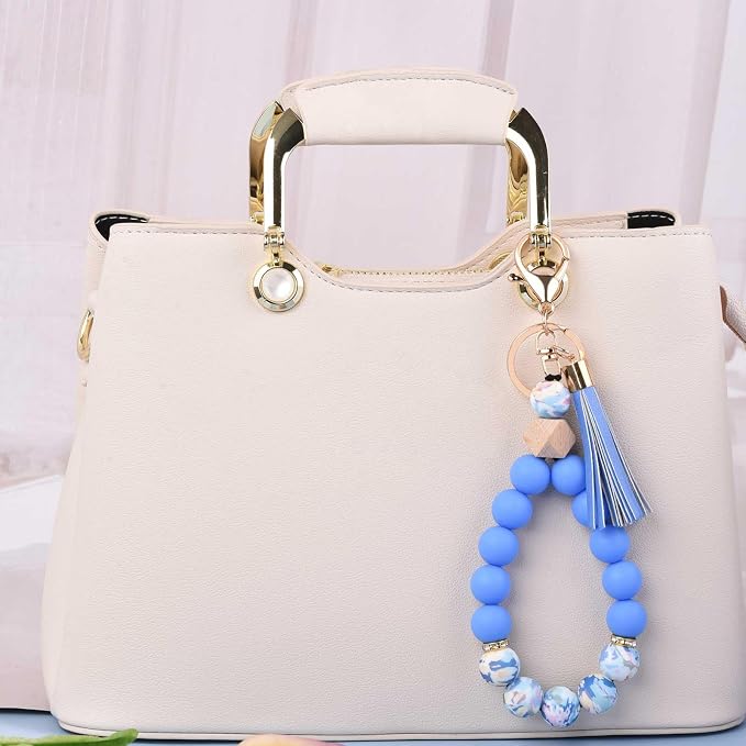 BAOSIWA Silicone Key Ring Bracelet Wristlet Keychain Unique Beaded Bangle Key Chains for Women with Leather Tassel