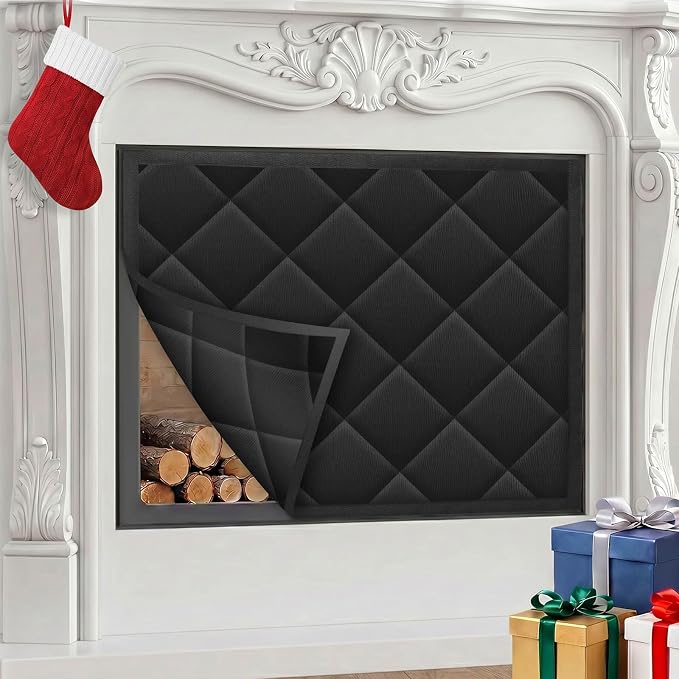 Fireplace Draft Cover, Fireplace Blocker Blanket with Hook and Loop Tapes, Indoor Fire Place Draft Stopper for Heat Loss Insulation Black 36" W x 30" H