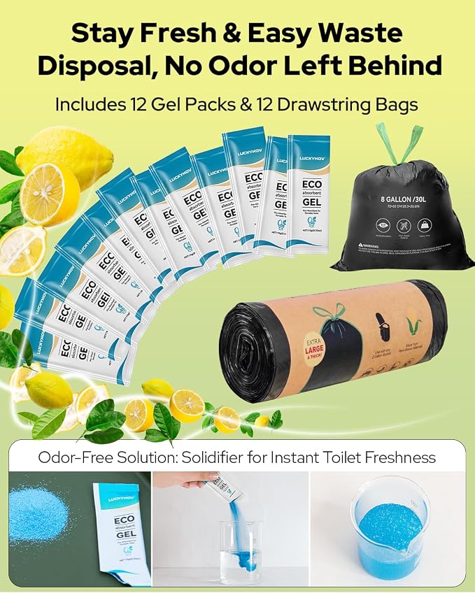 Adjustable Portable Toilet with Privacy Tent for Camping, Car Travel, Hiking, Includes 12 Waste Bags & 12 Urine Solidifiers, Camping Lantern