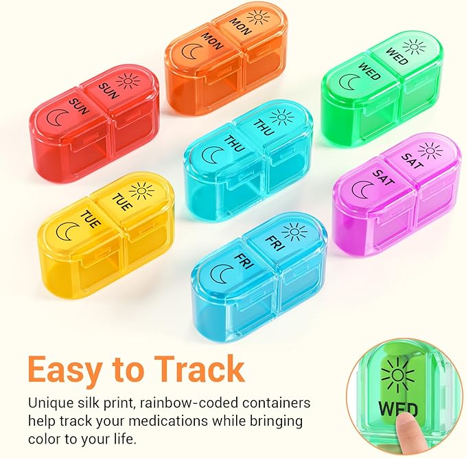 Weekly Pill Organizer 2 Times a Day - AM PM Pill Organizer with 7 Daily Color-Coded Small Cases, Morning and Night Travel Pill Cases for Vitamins, Medicine, & Supplements
