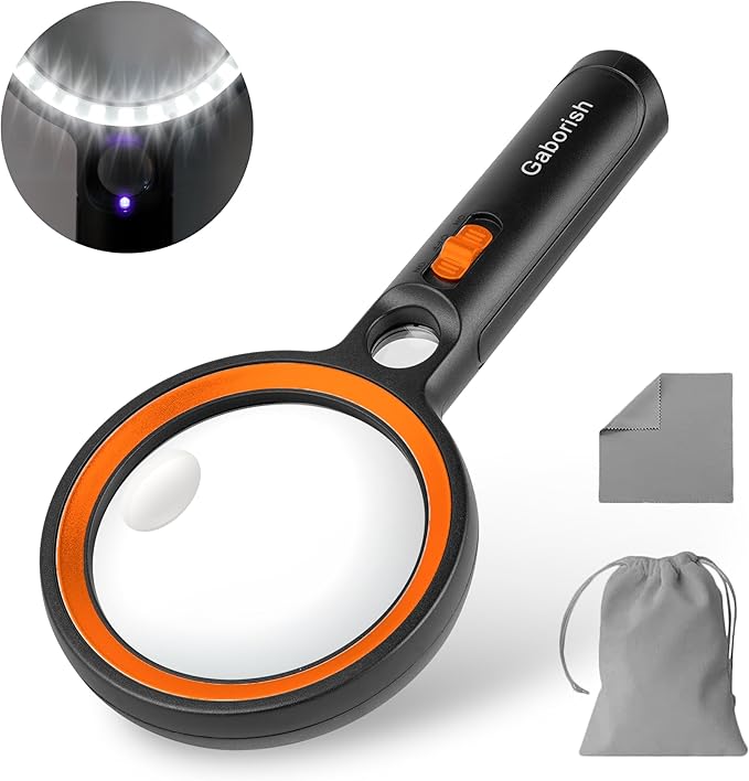 Magnifying Glass with 30 LED Lights, 10X 20X 45X Handheld Illuminated Lighted Magnifier with 1UV Light for Seniors Reading, Inspection, Coins, Jewelry, Exploring Light Magnifying Glass (Orange)