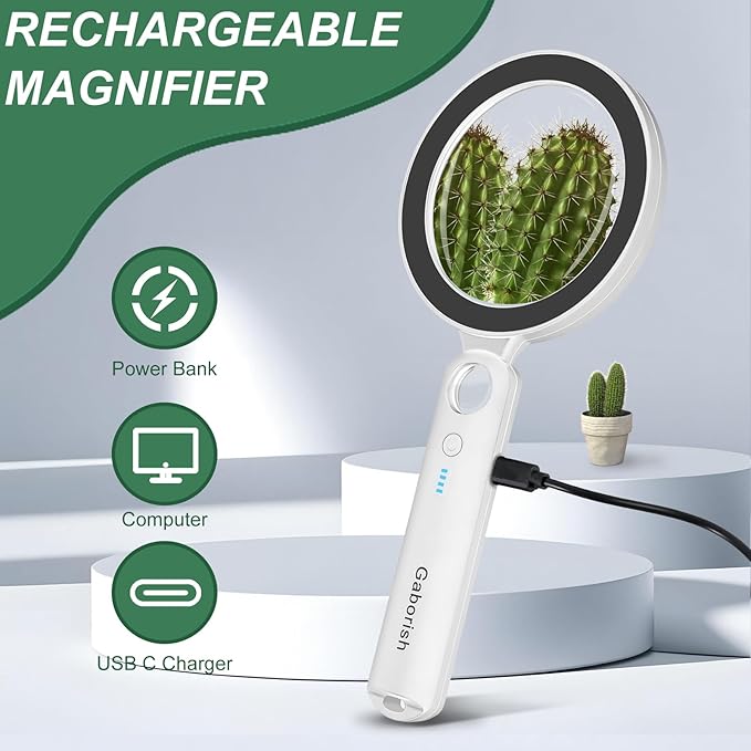 Glass Magnifying Glass with Light Handheld 10X 30X Magnifier with 36 LEDs, 5 Color Modes Rechargeable Lighted Magnifiers, Gift for Senior Reading, Coin, Stamps, Inspection (Black & White)