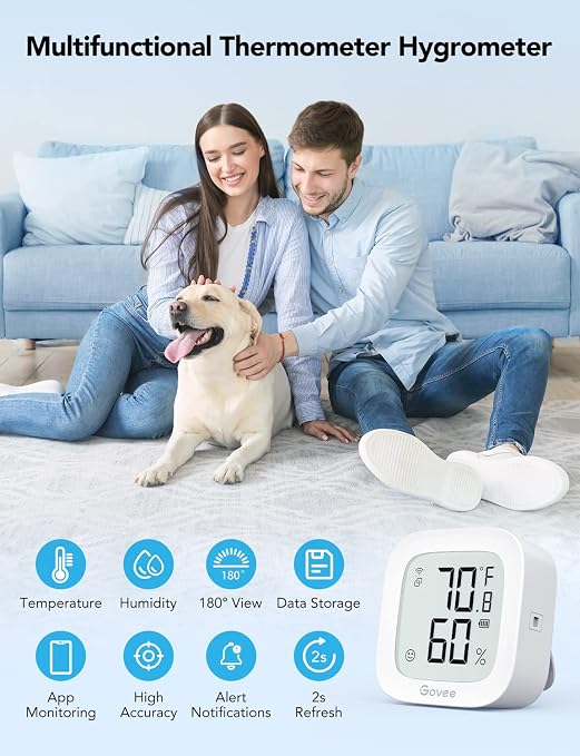 Govee WiFi Thermometer Hygrometer H5103 with Electronic Ink Display | Temp and humidity monitor with alert, 2.4G WiFi & Bluetooth, 2-yr data export. For bedroom, wine cellar, basement