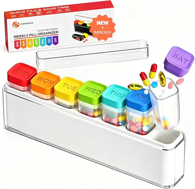 HIONXMGA Weekly Pill Organizer, Detachable 7-Color Pill Box, Easy Tracking | Portable Travel Pill Case Container for Daily Vitamin Supplement Fish Oil, Silicone-Seal, Lasting Labels, Quick Fill (White)