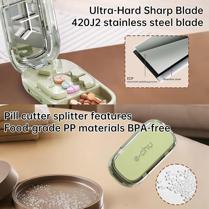 Pill Cutter Splitter for Small and Tiny Pills - Adjustable Pill Cutter for 1/2 1/3 1/4 Quarter Split, Built-in Pill Case for Travel, Pocket, Safe for Medication, Not for Large Hard Vitamins (Green)