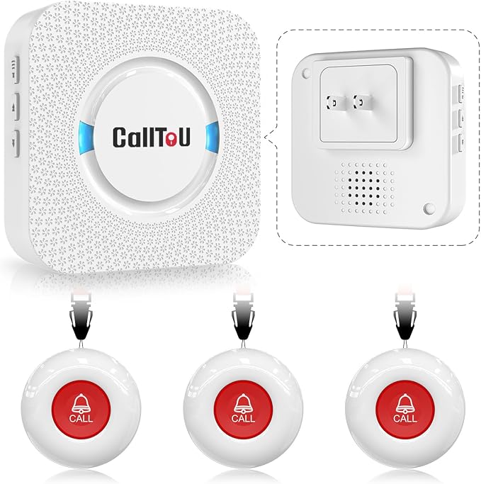 CallToU Caregiver Pager Wireless Call Button Nurse Alert System 500+ Feet for Home/Elderly/Patient/Disabled 1 Plugin Receiver 3 Waterproof Transmitters