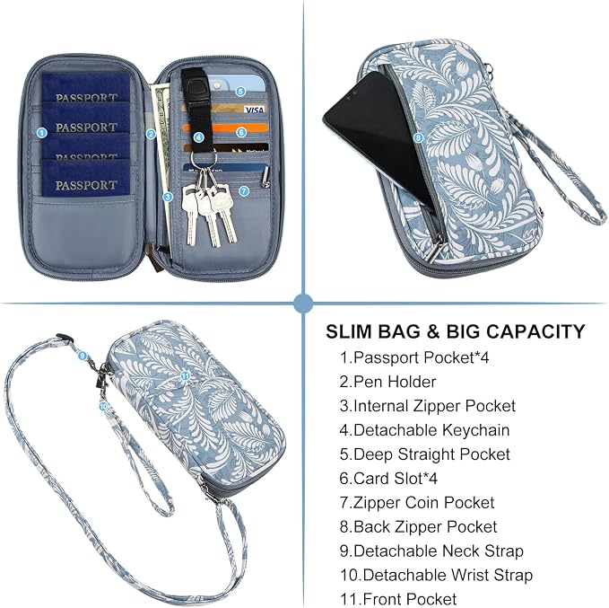 RFID Family Passport Wallet Holder Waterproof, Travel Document Organizer Credit Card Clutch Bag for Men Women (RFID Leaf)