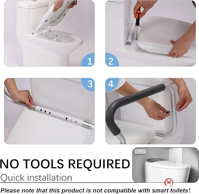 Toilet Safety Rail for Seniors, Toilet Grab Bars for Seniors and Disabled, Toilet Handles for Elderly with Adjustable Width and Height, 350 lb Weight Capacity | Fits standard and elongated toilets; non-slip foam grips and tool-free setup using existing...