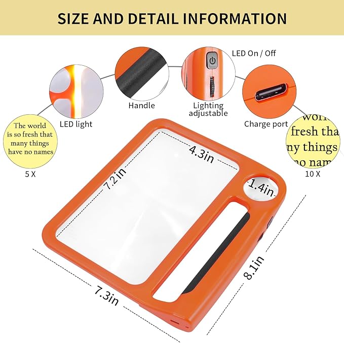5X 10X Full-Page Magnifying Glass with Light, Rechargeable Handheld Magnifier with 3 Light Modes, 48 Lights, Clean Cloth Ideal Gift for Seniors Reading Books Inspection