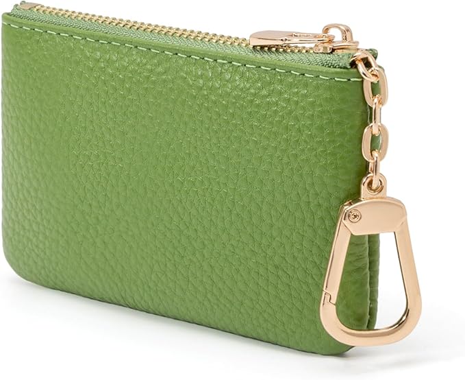 Full Grain Leather Coin Purse with Key Chain - Small Change Purse Keychain Card Holder Keychain Pouch Small Keychain Wallet for Women and Men (Grass Green)