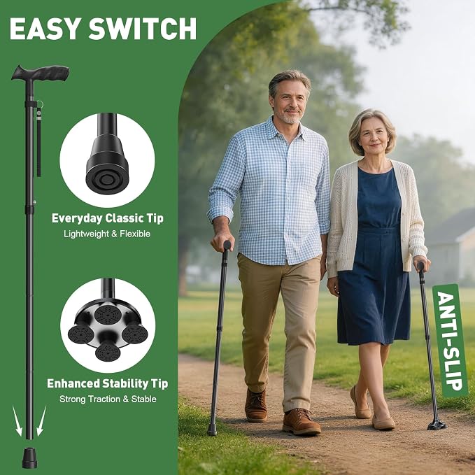 Walking Cane for Men & Women, Sturdy Walking Sticks for Seniors | Foldable, Adjustable, All Terrain Tips for Daily Use/Travel, Comfort Grip, Free Standing, Heavy-duty Aluminum, Black
