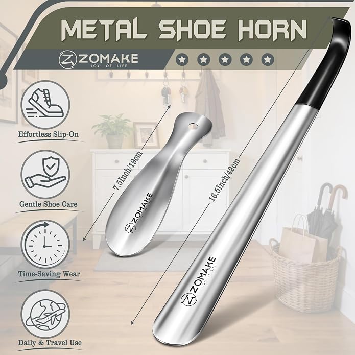 ZOMAKE Shoe Horn Long Handle for Seniors Men Women,Metal Long Shoehorn for Boots,16.5" Shoe Spoon Helper
