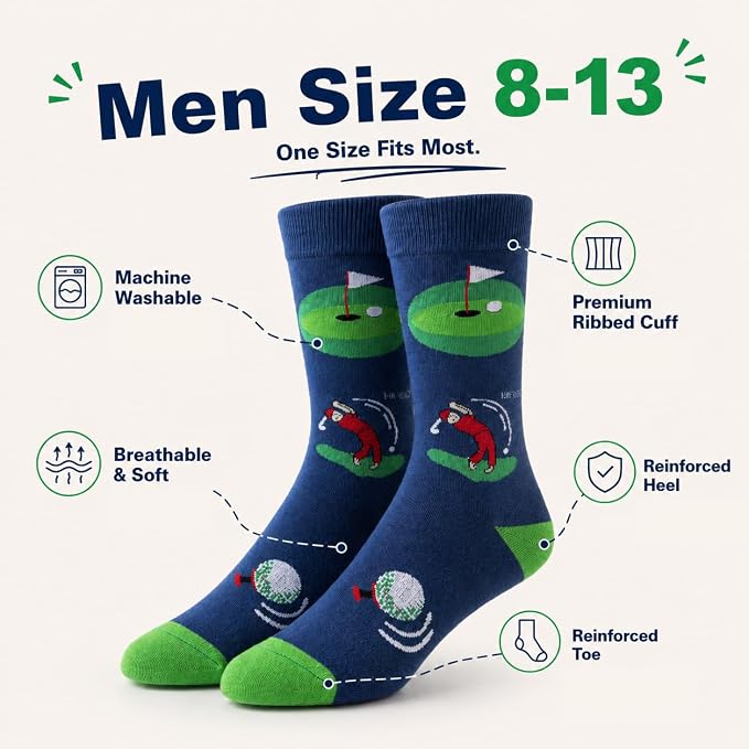 Funny Golf Gifts Socks for Men, Golf Accessories, Size 8-13 Gift Box & Card | Golf gifts for men, soft breathable crew socks, funny gift idea for birthdays, holidays, coworkers, husbands, or golf lovers