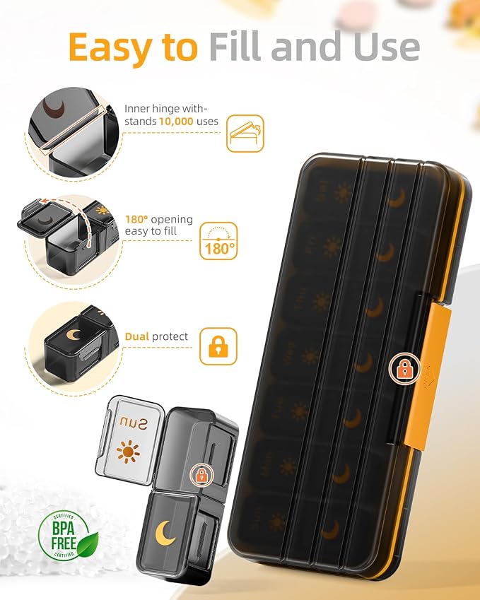Betife AM PM Pill Organizer 7 Day, Weekly Pill Organizer 2 Times a Day, Daily Pill Box AM PM, Portable Travel Medicine Case, Day and Night Pill Container for Medication, Vitamin or Supplement（BG）