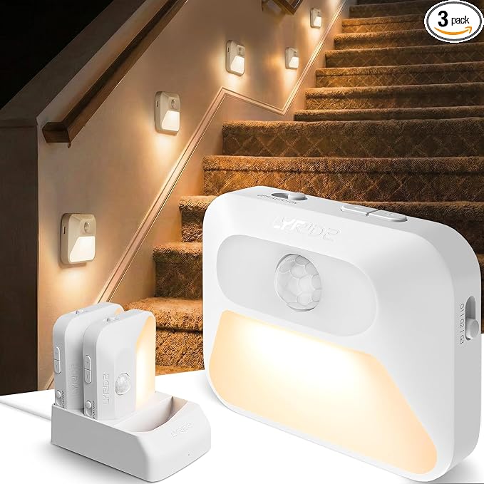Rechargeable Sync Motion Sensor Night Lights with 3-in-1 Charging Dock, Stepless Dimmable Indoor Step Light for Stairs, Hallway, Bathroom, Bedroom, Pets and Nursery, 3 Pack