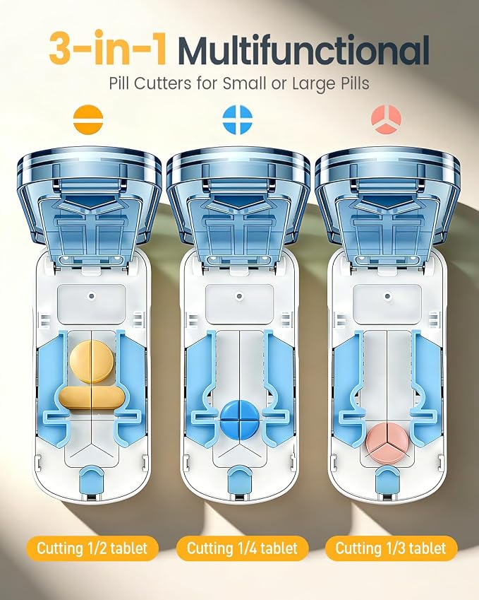 Professional Pill Cutter for Small Pills, 3-in-1 Pill Cutter Splitter for Small or Large Pills-Safely Cuts 1/2, 1/3, and 1/4 Multiple Pills Splitter, Adjustable Pill Cutter with Storage (White Blue)