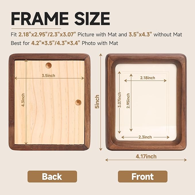 Solid Walnut Picture Frame for Instax Wide & Square Photos, Small Solid Wood Photo Frame with Joinery Corners, Tabletop Display (Walnut, For 4.2x3.5/4.3x3.4 Photo)