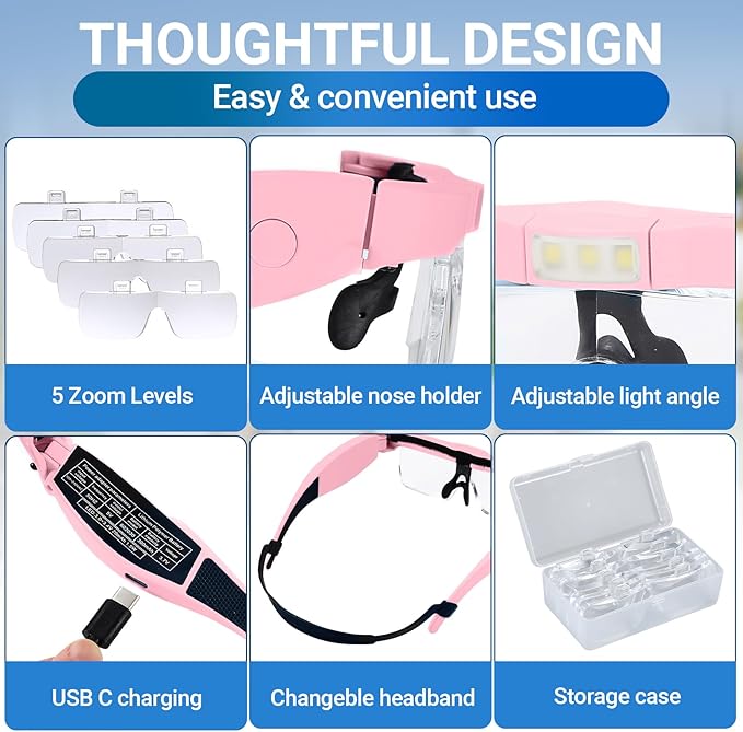 YOCTOSUN Magnifying Glasses with Light, Rechargeable Magnifying Headset with 5 Detachable Lenses 0.75X-4.0X and 3 LED Lights, Hands Free Headband Magnifier for Close Work Hobby Crafts Jewelry