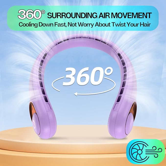 KIDEE Portable Neck Fan, Neck Fans Rechargeable, Upgraded LED Display, 4000 mAh Battery Operated, Personal Wearable Fans, Gifts for Women Men 2 Pack Light Purple