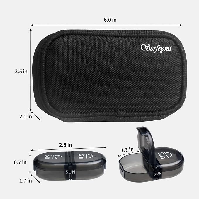 Serfeymi Weekly Travel Pill Organizer 2 Times A Day AM PM Upgraded Black Pill Box 7 Day with Portable Zipper Canvas Pill Case, Medicine Organizer for Pills, Vitamins, Supplements, Fish Oils - Black 01