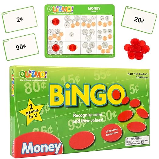 QUIZMO Money | Bingo-Style Money Game | 2 Levels of Difficulty for Ages 7-12 | Teach Basic Coin Recognition and Valuation