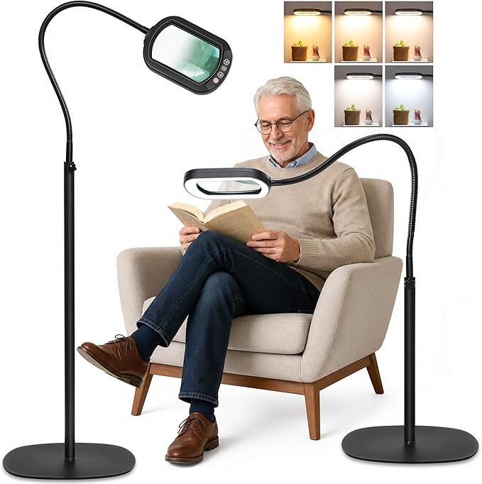 12X Rectangle Magnifying Glass with Light and Stand, 24" Flexible Gooseneck 3-in-1 Floor Lamp, 5 Color Modes Stepless Dimmable, LED Lighted Hands Free Magnifier for Reading Crafts Painting Close Work