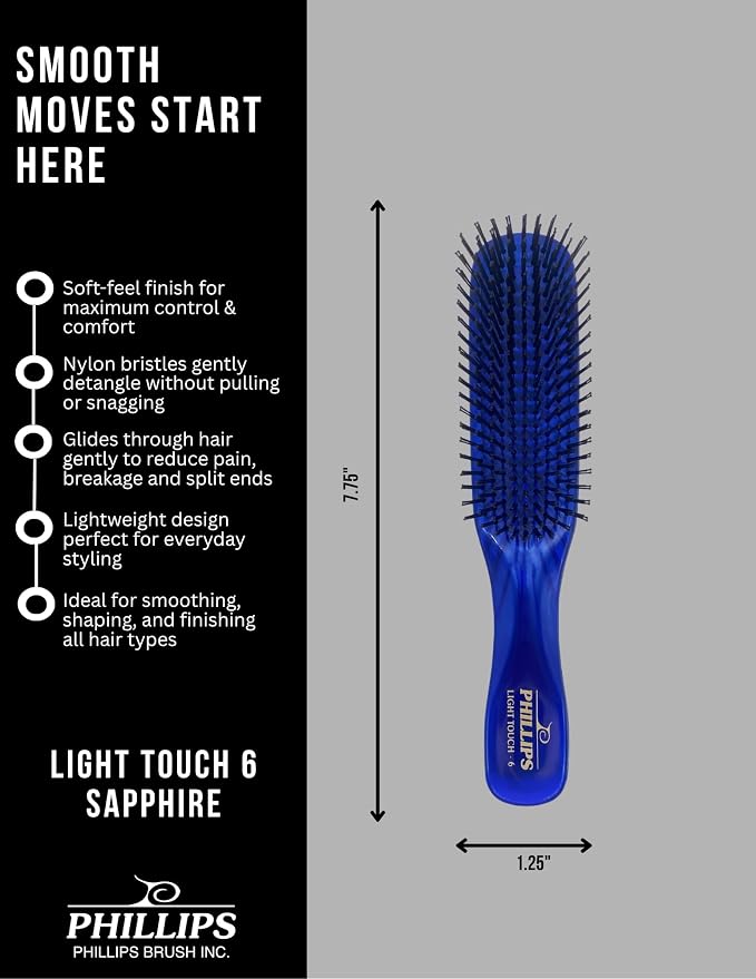 Phillips Brush Light Touch 6 Detangling Hair Brush, Full Size Sapphire Blue | Flexible Nylon Bristles Gently Detangle All Hair Types for Smooth, Comfortable Daily Brushing