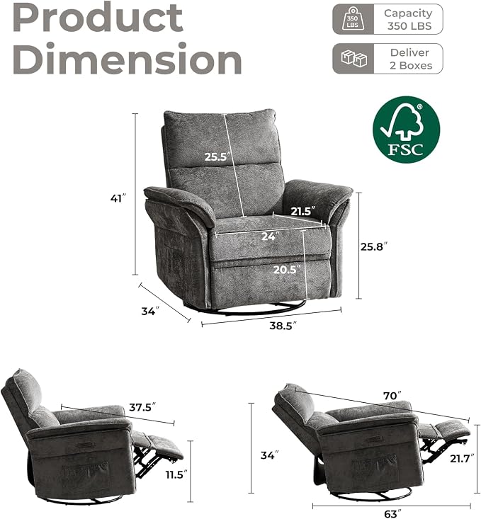 Oversized Power Recliner Chair Swivel Glider with Massage and Heat, Rocker Nursery Recliner for Adults with Adjustable Headrest, 24" Extra Wide Nursery Chair with Overstuffed Armrest, Dark Grey