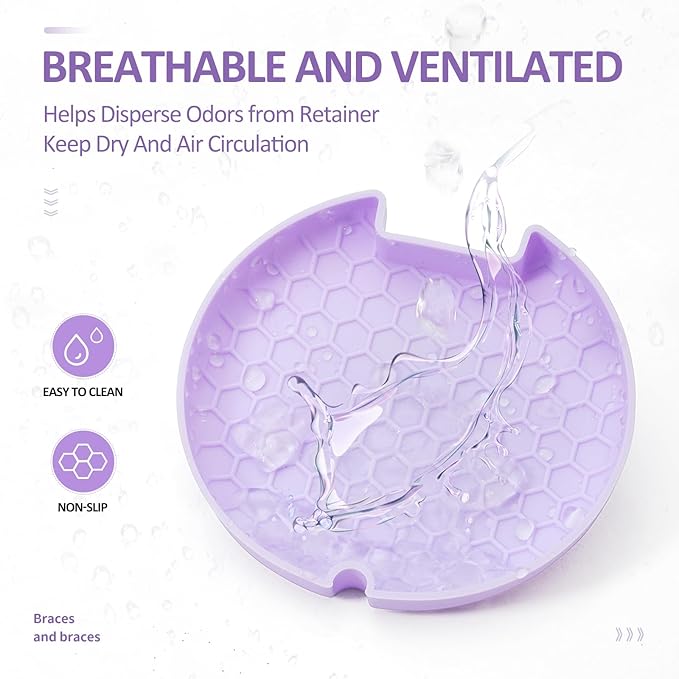 Retainer Case Slim Aligner Case with Vent Holes Removable Inner Tray Silicone for Easy Cleaning Retainer Removal Tool and Brush (Clear Purple with Lanyard)