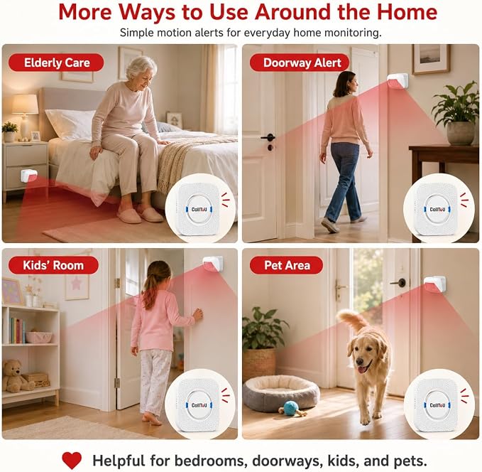 Bed Alarm for Elderly Care with 1 Motion Sensor and Plug-in Receiver, Caregiver Pager for Seniors with Chime and Flashing Light, Bed Exit Alert for Bedroom, Doorway and Hallway, No WiFi Needed
