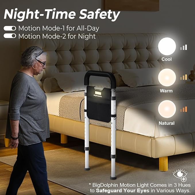 Bed Rails - ASTM Certified Adjustable Bed Cane with Motion Sensor Light, Non-Slip Ergonomic Handle & Storage Pocket, 350LBS Stable Bed Assist Rails for Seniors, Tool-Free, 2026 Upgrade