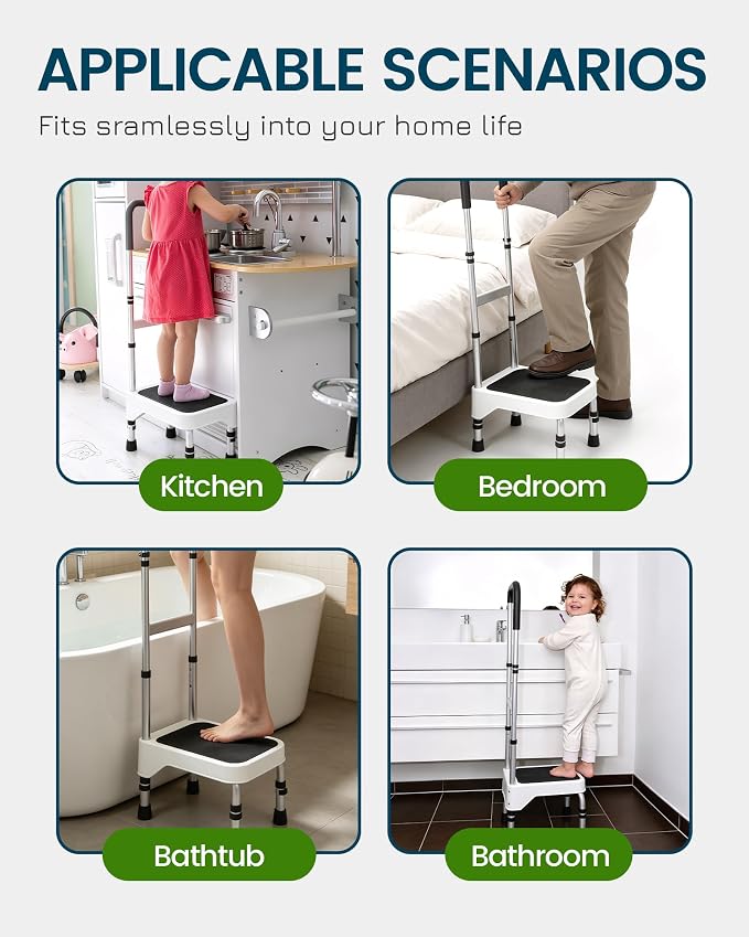 Step Stool with Handle for Elderly - Portable Step Stools for Adults - Step Stool for Bed - Stepping Stool with Adjustable Handle and Legs Supports up to 275 LBS, HDB-503A