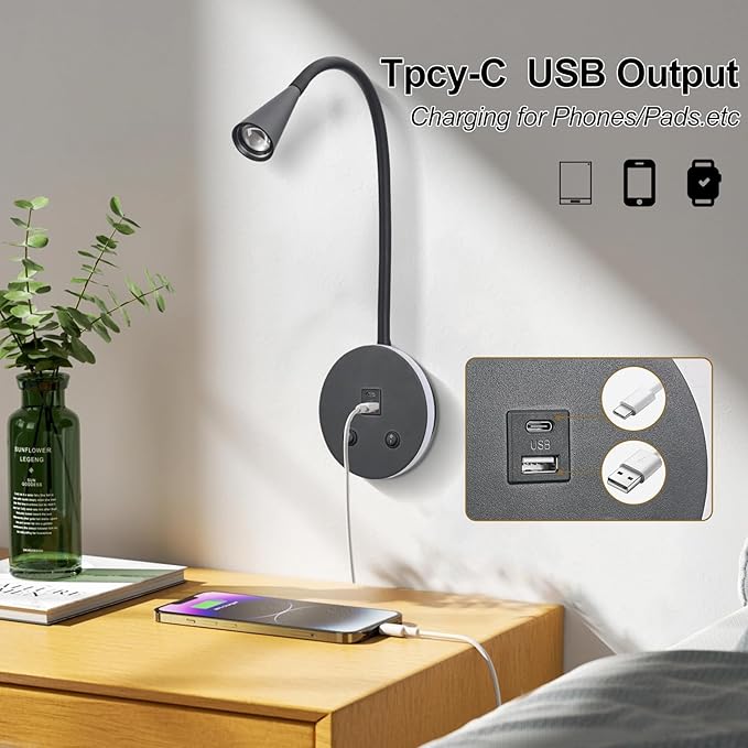 Book Lights for Reading at Night, LED Wall Mounted Reading Light, Flexible Gooseneck Wall Lamps for Bedroom, Plug in Wall Lights with USB Charging, Bedside Wall Sconces Focused Bed Lamp (Black)