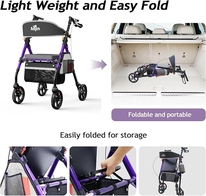 Lightweight Foldable Rollator Walkers with Seat for Seniors, 350 lb Capacity, 8'' Wheels, 17.7" Big Seat, 6-Position Adjustable Height, Ultralight Aluminum Frame Rolling Walker (Purple)