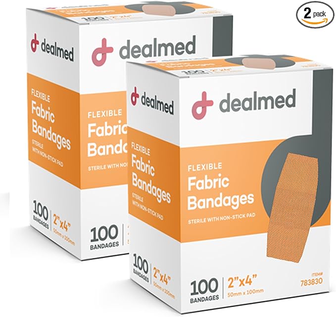 Dealmed Fabric Flexible Adhesive Bandages – 100 Count (2 Pack) Bandages with Non-Stick Pad, Latex Free, Wound Care for First Aid Kit, 2" x 4"