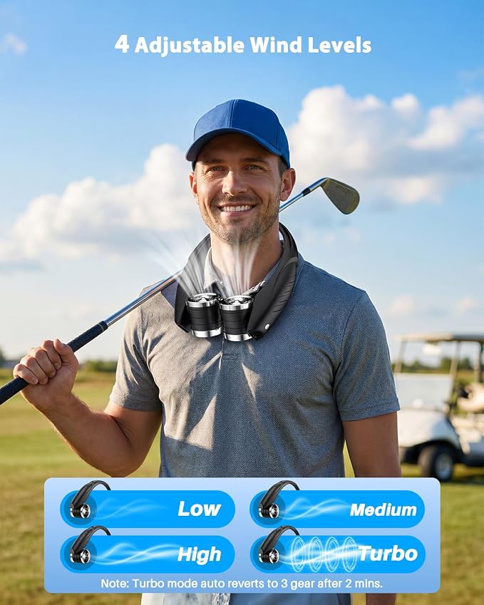 Ausic Portable Neck Fan, Personal Neck Fan with Dual High Speed Turbo Vents, 6000mAh Outdoor Cooling Fan Blow Cold Air, Wearable Rechargeable Travel Fan for Outside Cruise Camping Beach Golf Gifts
