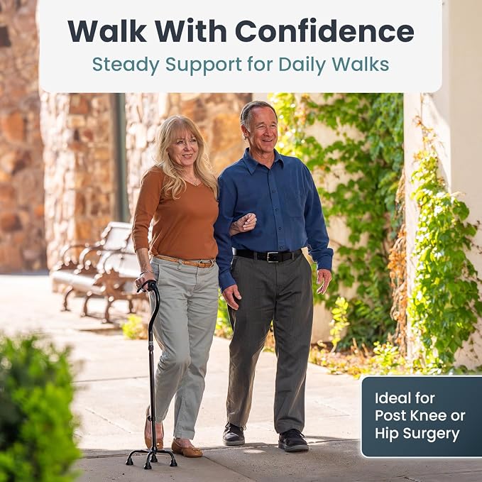 PELEGON Quad Cane (300 lb) - Adjustable Walking Cane with A Large 4 Pronged Base for Extra Balance & Stability, Walking Canes for Seniors, Walking Cane for Men & Women, Walking Sticks