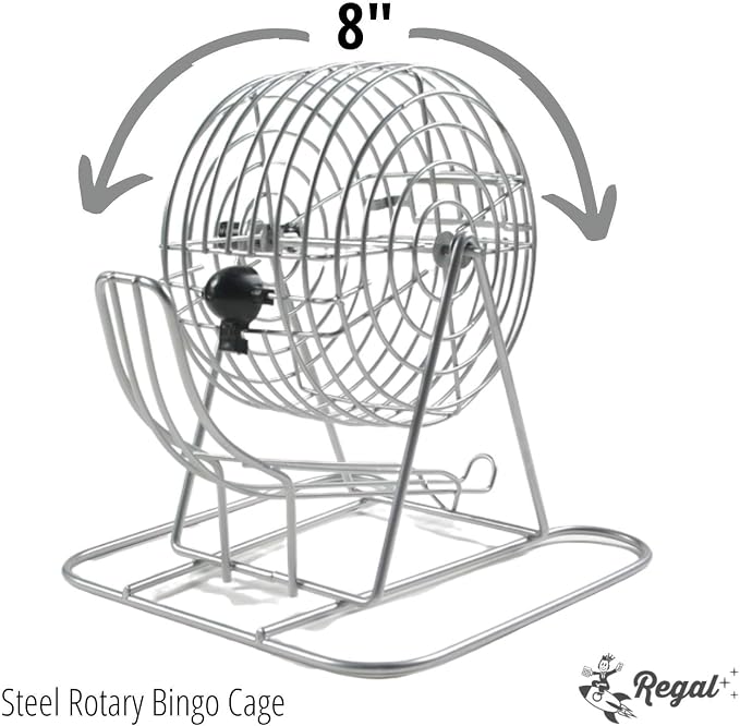 Regal Bingo Family Game Set for Adults and Kids - Includes 8 Inch Bingo Wheel Cage, 75 Balls, Master Board, 4 Shutter Slide Cards - Fun Family Bingo Night